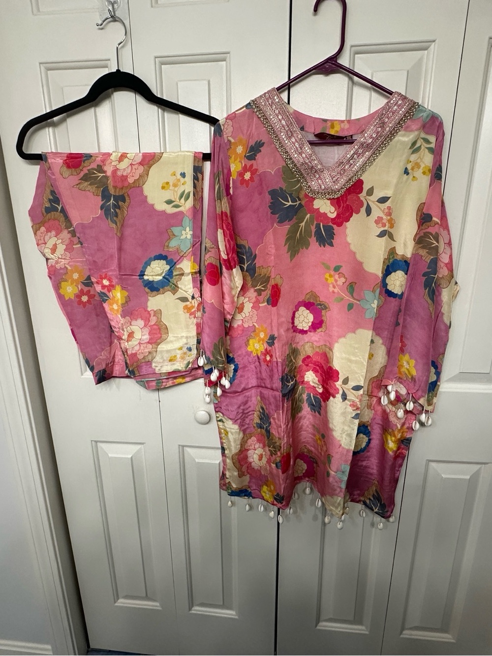 Pink Floral Beaded V-Neck Cord Set in size 23”